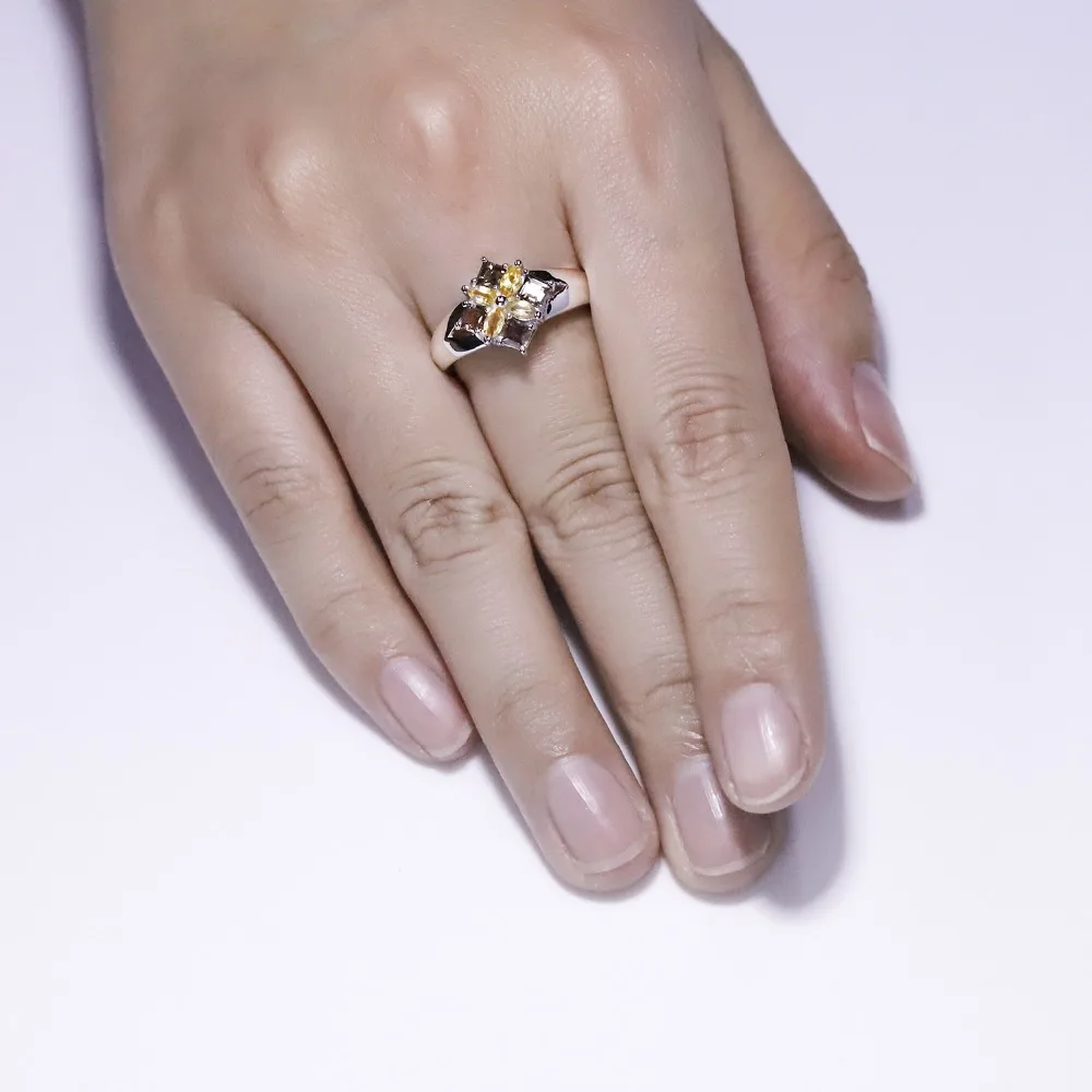 Gem\'s Ballet Multicolor Natural Smoky Quartz Citrine Cocktail Ring 925 Sterling Silver Flower Rings For Women Fine Jewelry