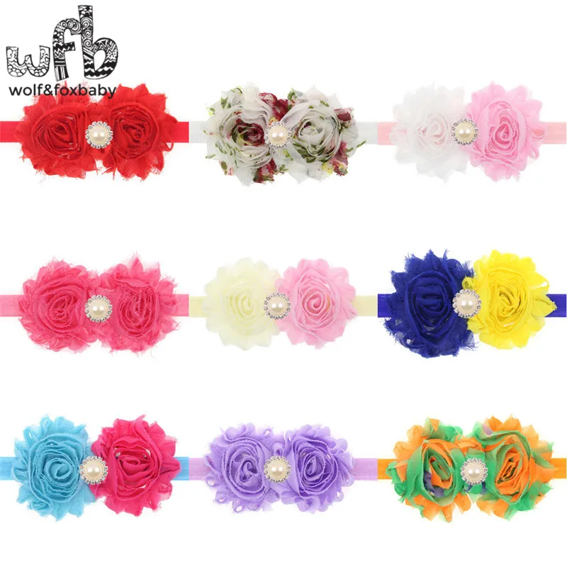 Retail headband chiffon flowers Pearl elasticity fashion hair accessories baby infant Kids children colorful