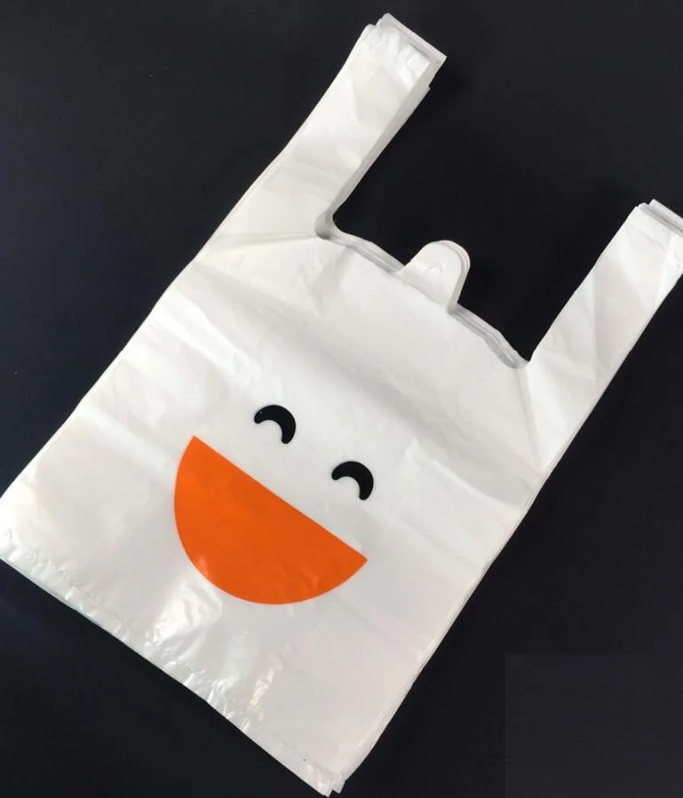 20x32cm 100pcs Cheap Smile face supermarket shopping bag vest bag plastic bags with handle snack boutique clothing bag