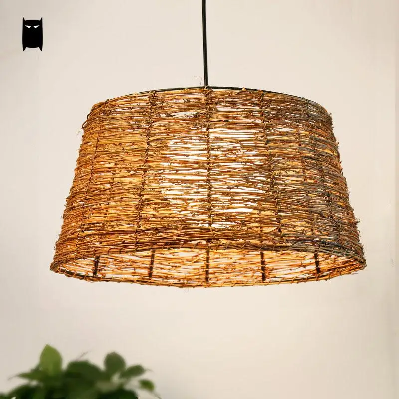 Wicker Rattan Glass Bucket Shade Pendant Light Fixture Rustic Vintage Retro Asian Hanging Lamp Luminaire Restaurant Dining Room