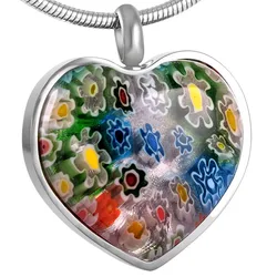 IJD8470 Cheap Stainless Steel Murano Glass Flower Love Heart Urn Pendant Memorial Necklace Cremation Jewelry by Memory House