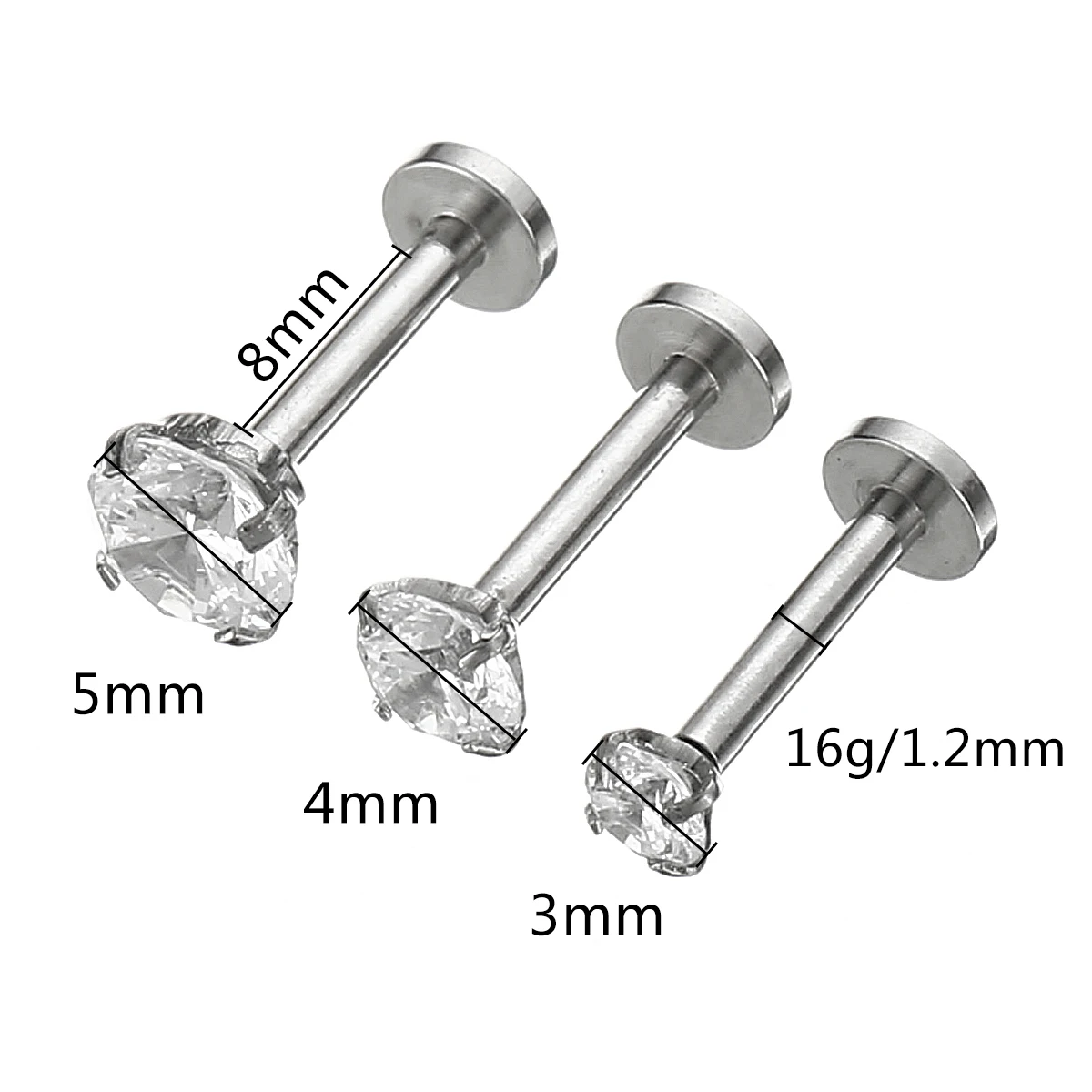 New 16g 3/4/5mm Cubic Zirconia Triple Forward Helix Ear Cartilage Tragus Earrings