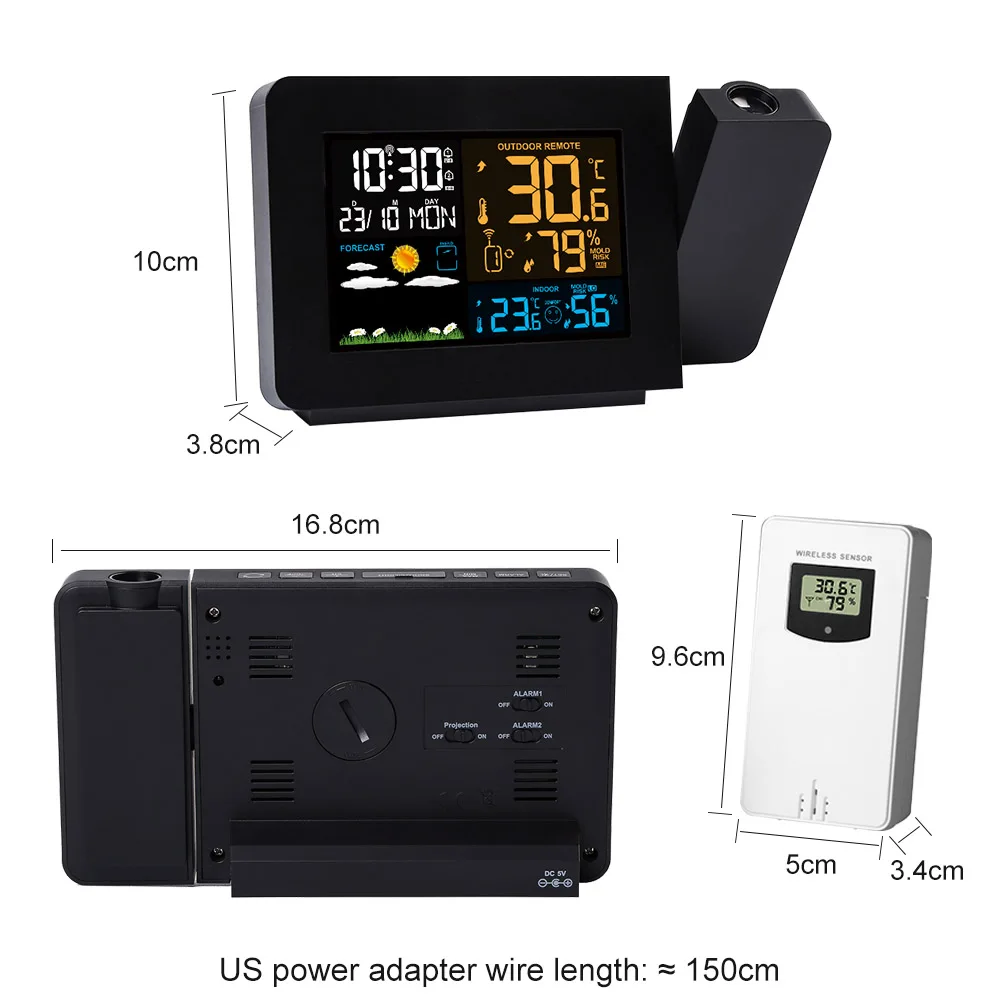 FJ3391 WWVB Radio Digital Clock Alarm US Pulg Barometer Forecast  Wireless Projection Multifunctional LED Table Watch Clocks