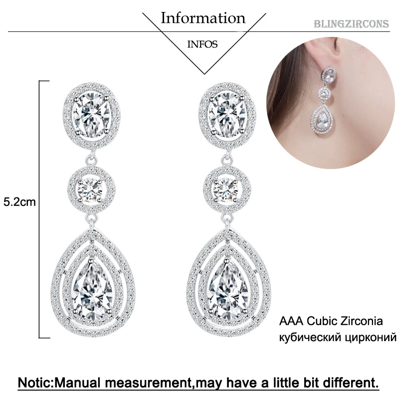 BeaQueen Femme Luxury Dark Blue Cubic Zirconia Water Drop Big Long Statement Earrings Wedding Costume Jewelry for Women E127