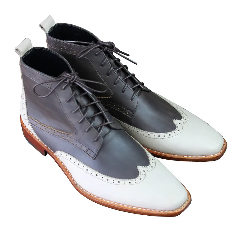 MALONEDE Bespoke Handmade Mixed Color Italian Brogue Style Genuine Cow Leather Lace Up Short Boots With Goodyear Welted For Male