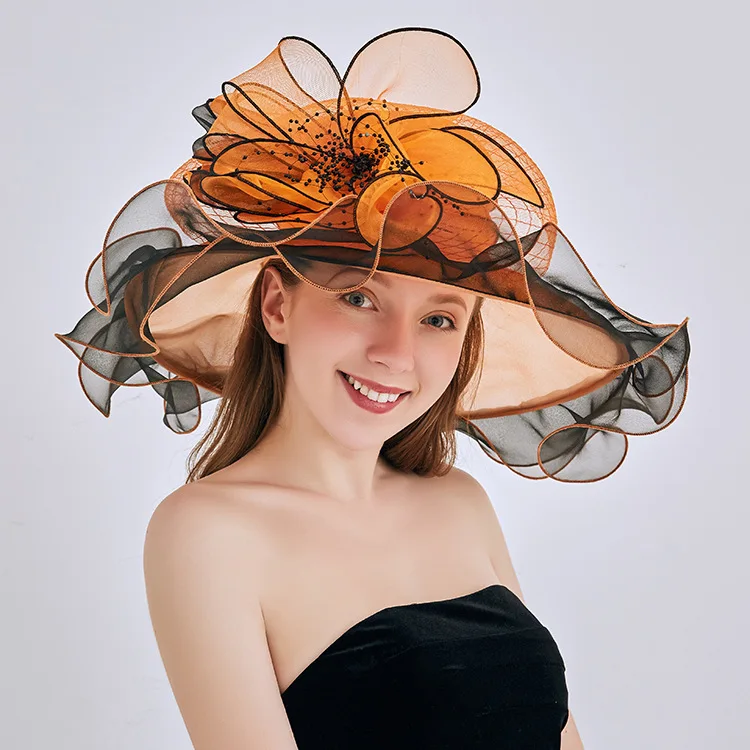 Euro-American Organza Sunscreen Sun Fedoras Cap Women Summer Ultraviolet Sunshade Hats Female Flowers Beach Elegant Caps H6501