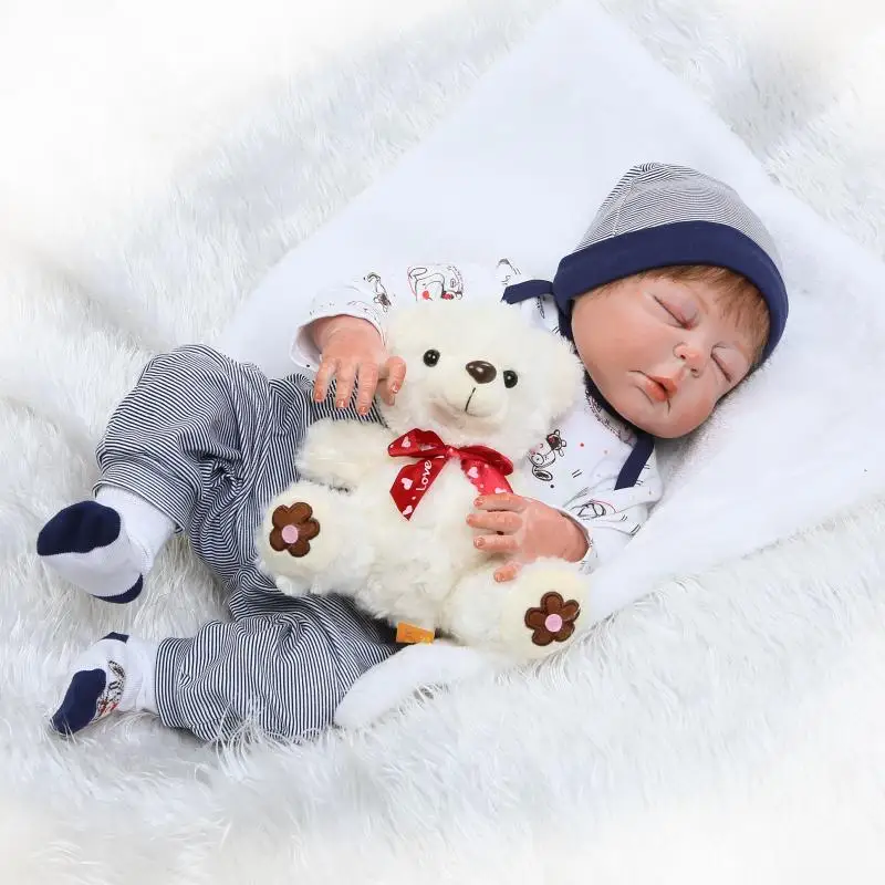 57cm lifelike Full Body Silicone Reborns boy Sleeping Dolls with bear plush toy 22 Inch Baby Bath Toys for Girls Gift Brinquedos