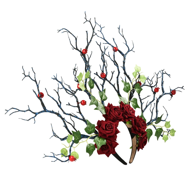 Long Antlers Headband Tree Branches Horns Hairband Gothic Cosplay Party Headdress Roses Leaf Berry Headpiece Lolita Fancy Dress