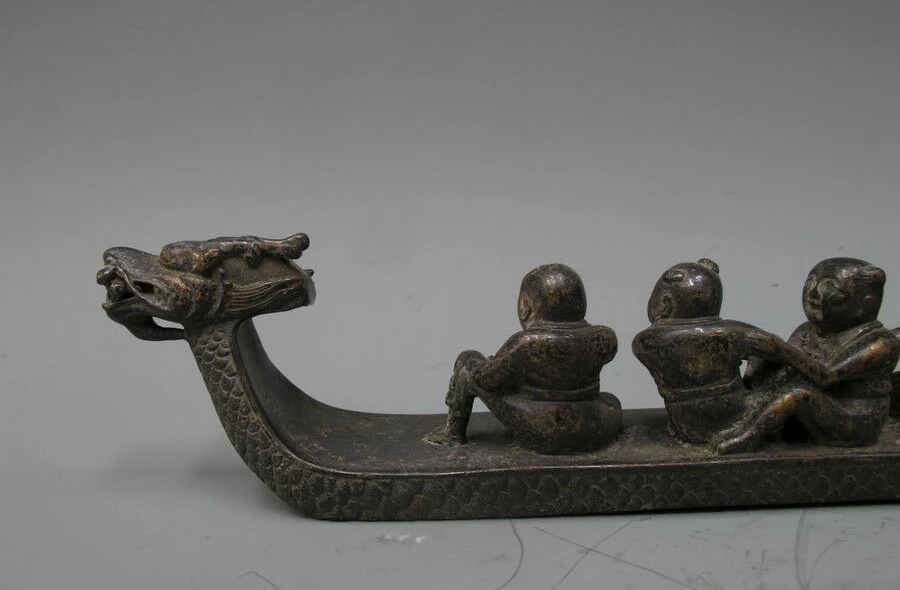 China Classical feng shui Decor Six child on Dragon boat pure Bronze statue