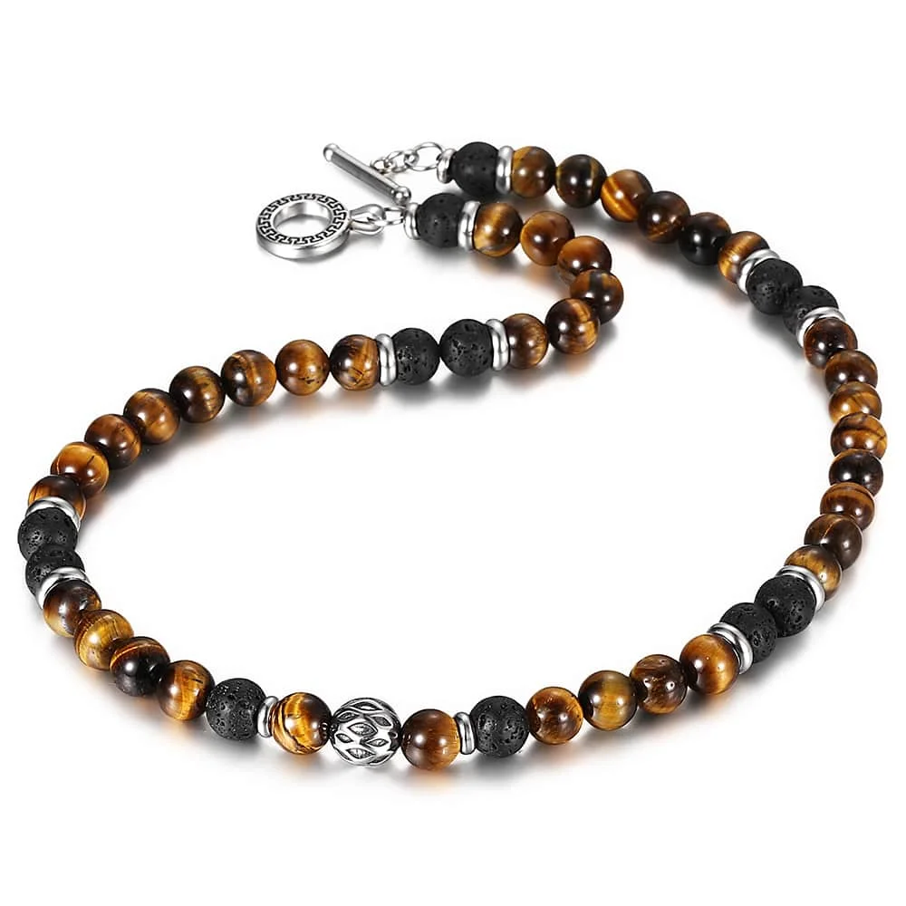 

Natural Tiger Eyes Stone Mixed Lava Bead Necklace For Men Women Stainless Steel Bead Charm Toggle Clasp 18-20inch 8mm DTNB002