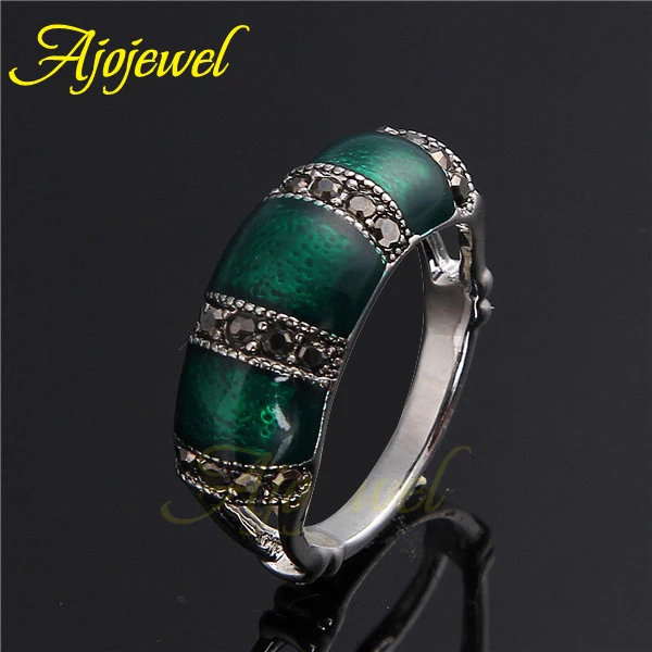 Ajojewel #6.5-9 Bamboo Designer Vintage Women Green Ring With Black CZ Stone Enamel Jewelry High Quality Party Gift