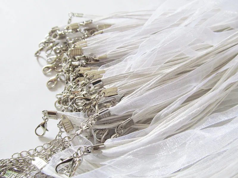 Free Shipping 100pcs 18inch White Organza Ribbon Wax Cotton Necklace Cord String,Extender Chain,Lobster Clasp,DIY Accessory