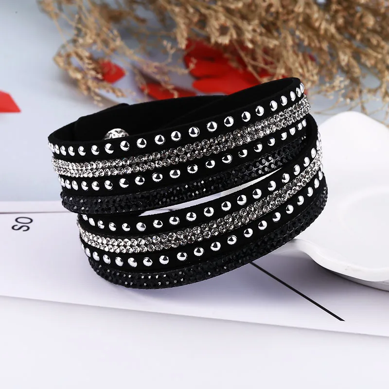 HOCOLE Trendy Charm Crystal Leather Bracelets For Women Wrap Multilayer Rhinestone Bracelet Female Fashion Jewelry Wedding Gift