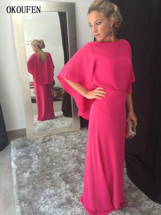 

Fuchsia Chiffon Long Mother of the Bride Dresses 2024 for Wedding With Capelet vestido de madrinha farsali Weddding Party Gowns