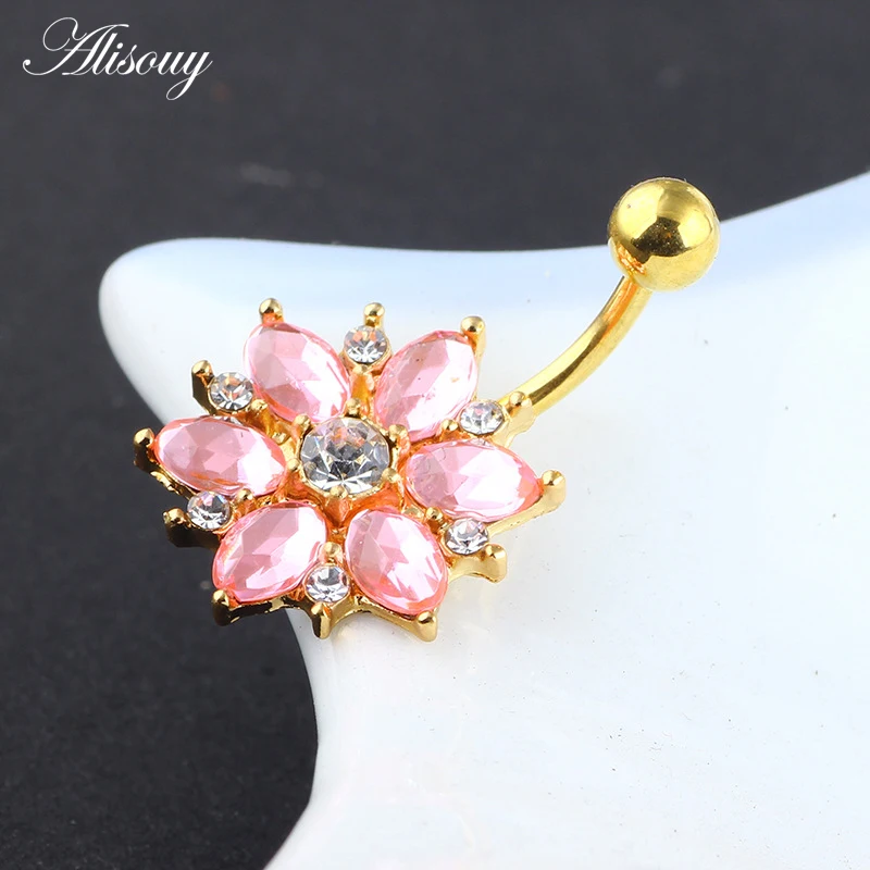 Alisouy 1PCS Surgical Steel Body Piercing Jewelry Flower Navel Belly Bar Pircing Belly Piercing belly button rings for girls