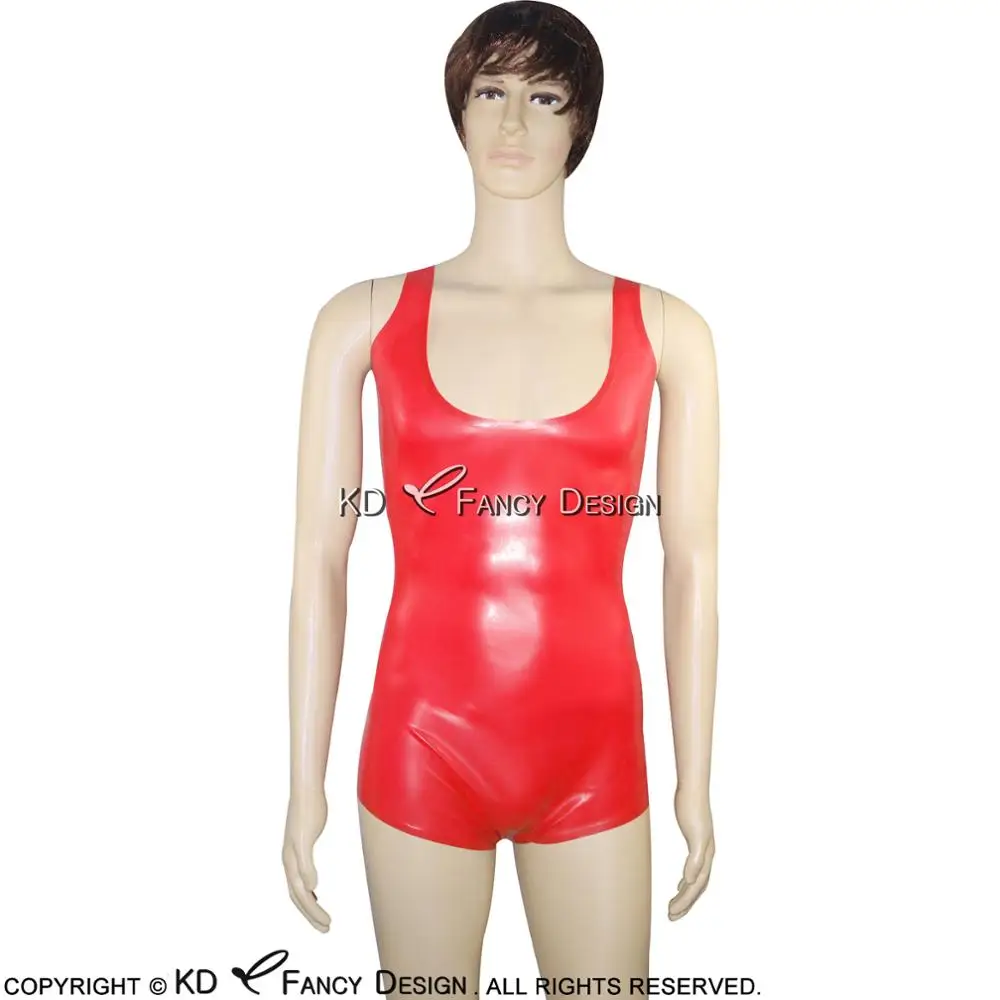 Red Sexy Sleeveless Latex Swimsuit High Cut Leg Without Zip Round Collar Body Suit Catsuit Rubber Bodysuit LTY-0013