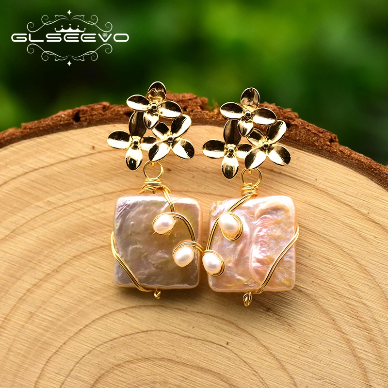 Natural Baroque Square Pearl Earrings Original Design Handmade Flower Drop Earrings for Women Fine Jewelry GE0754