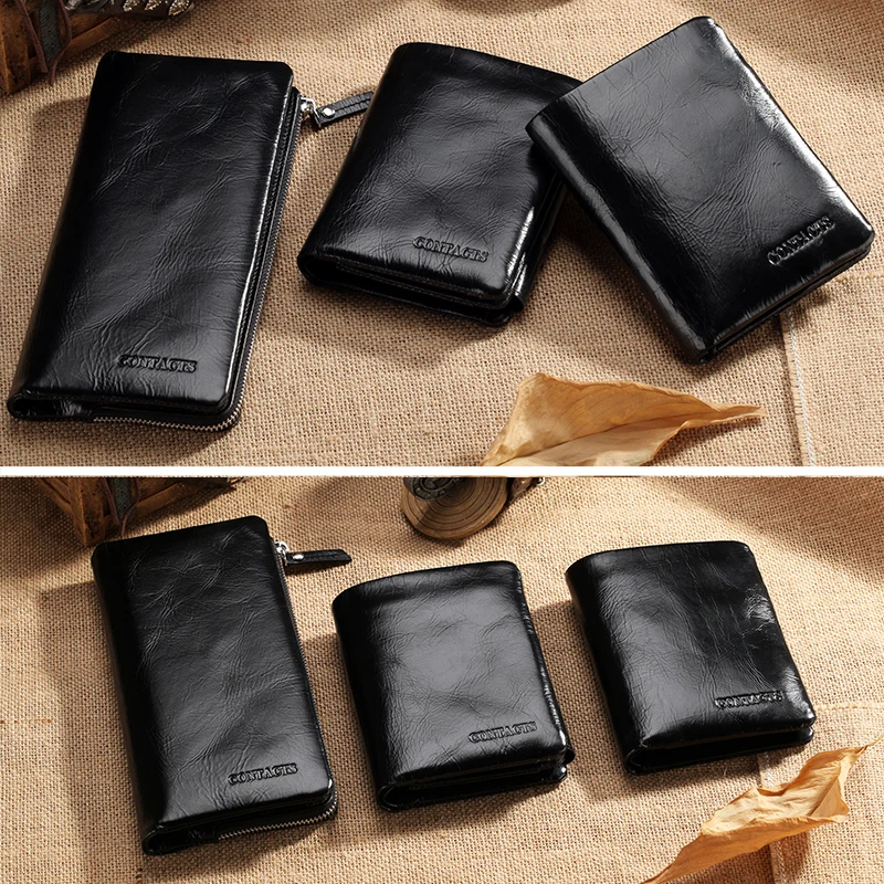 CONTACT\'S Hot Sale Genuine Leather Men Clutch Wallets Card Case Mens Card Holders Purse 3 Style Wallet With Coin Pocket Black