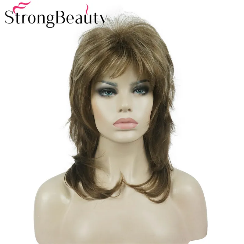 StrongBeauty-Perucas de cabelo ondulado médio longo sintético para mulheres, peruca natural sem tampa