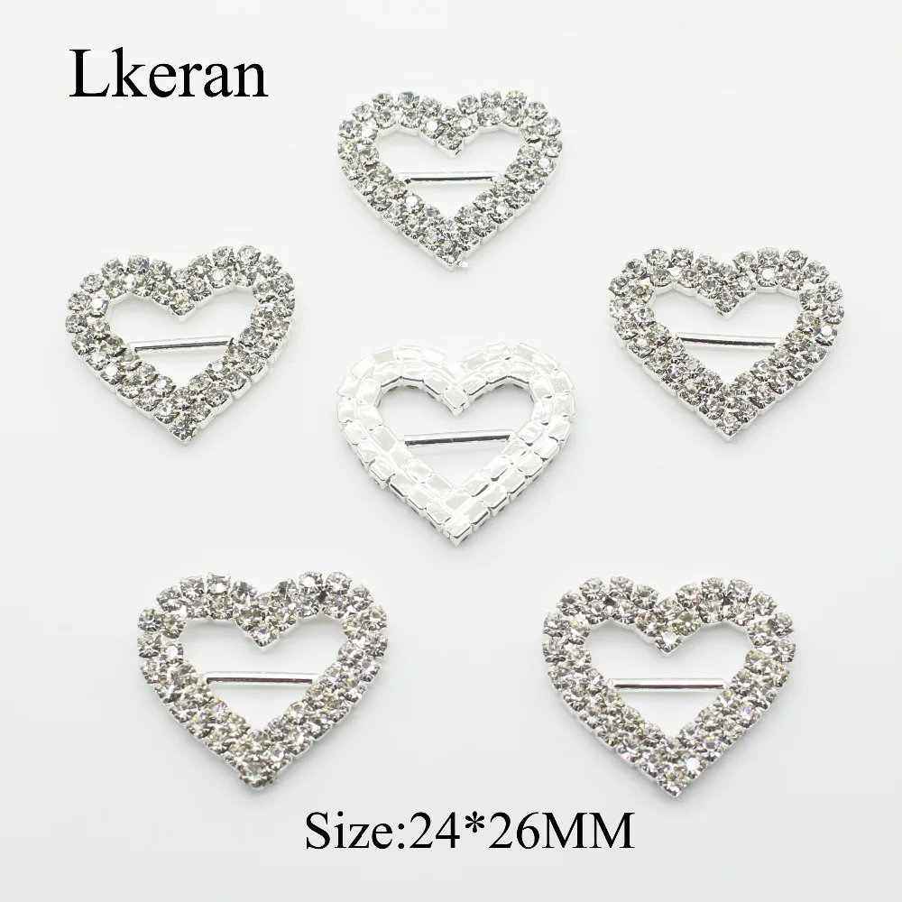 New! 50pc/lot 24*26mm Double row heart Rhinestone Buckle Slider For Diy Crystal Wedding Decorative Invitation Letter Accessories