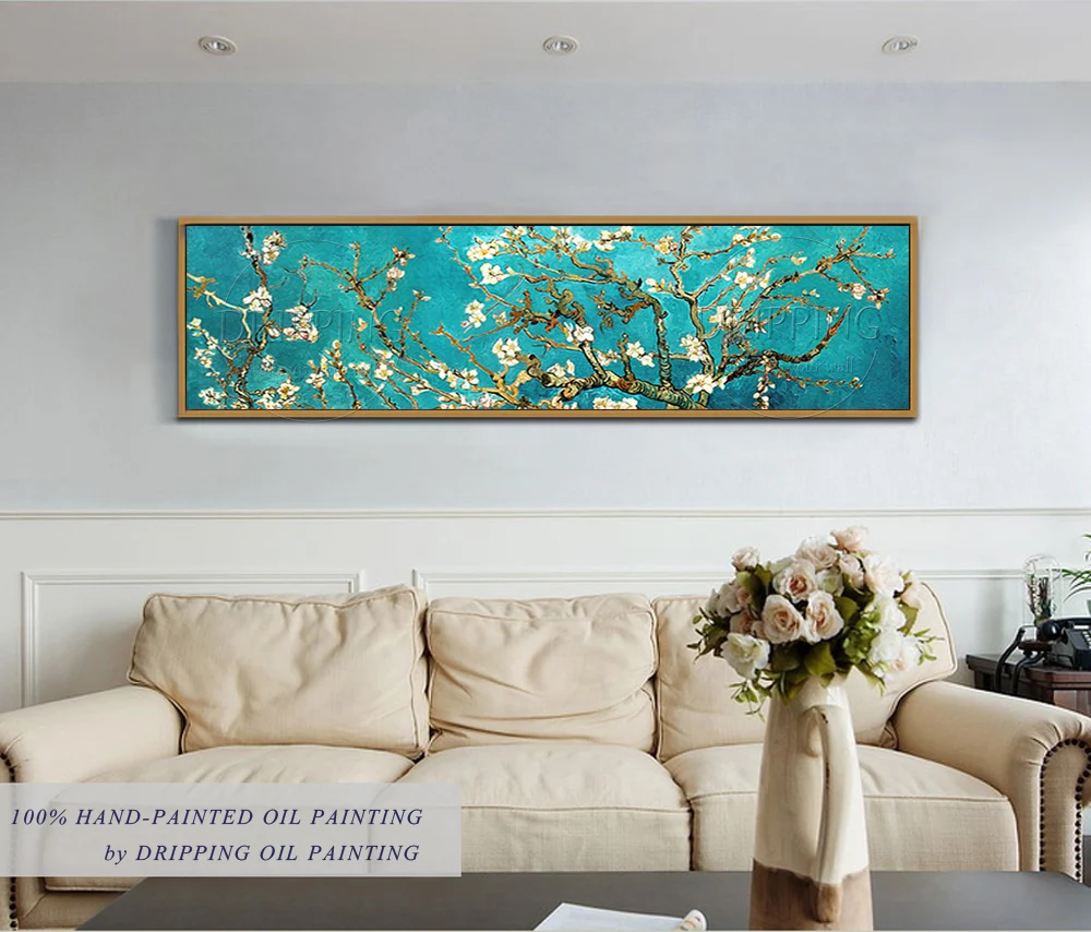 Pure Hand-painted Super Long Size Blossom Almond Oil Painting Beautiful Blossom Flowers Oil Painting for Bed Room Decoration