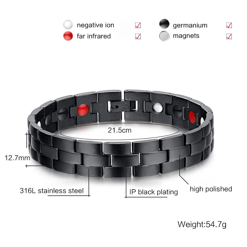 Vinterly Black Magnetic Bracelets Men Health Energy Wrist Band Magnetic Bracelet Men Hand Chain Stainless Steel Bracelet Male