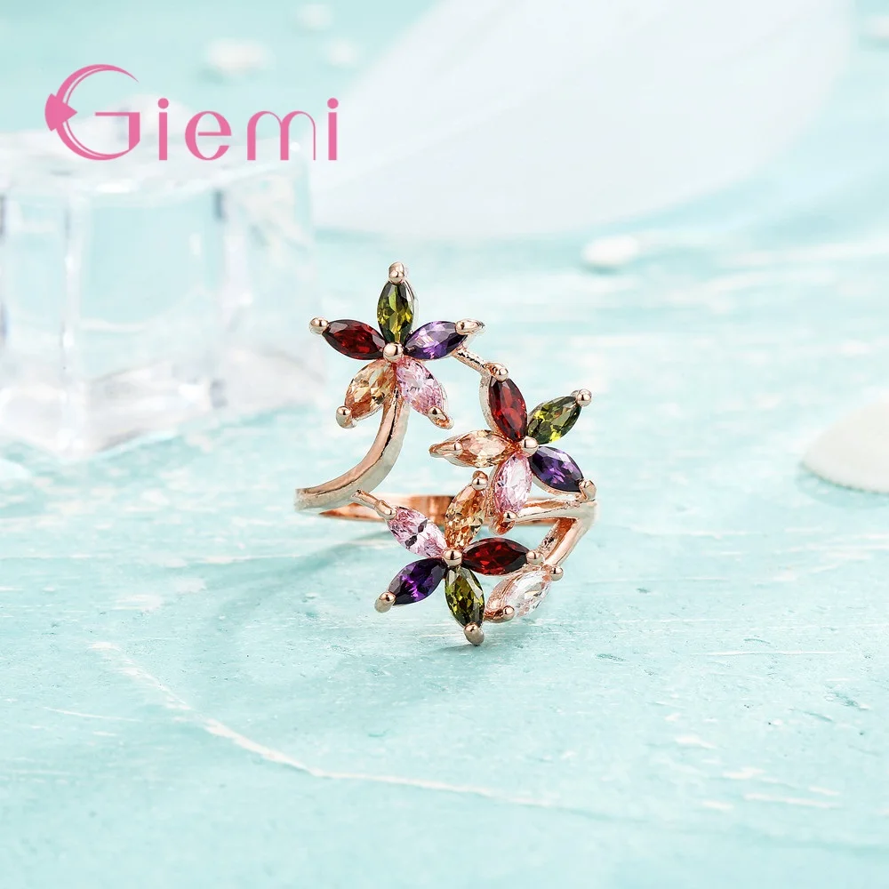 Romantic New Attractive Luxury Dainty Delicate Tree Flower Rose Gold Cubic Zirconia Ring For Women Wedding Party Jewelry