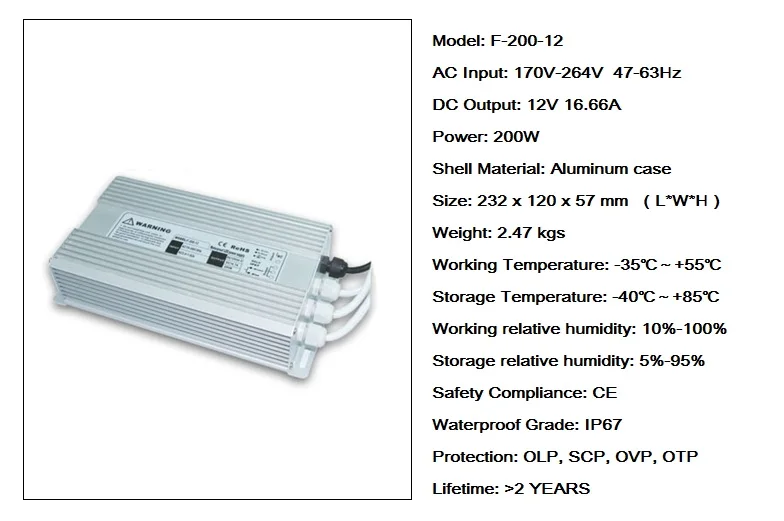 12V 16.66A 200W Waterproof IP67 Switch Switching Power Supply Driver for LED Strip AC220-240V To DC12V Transformer