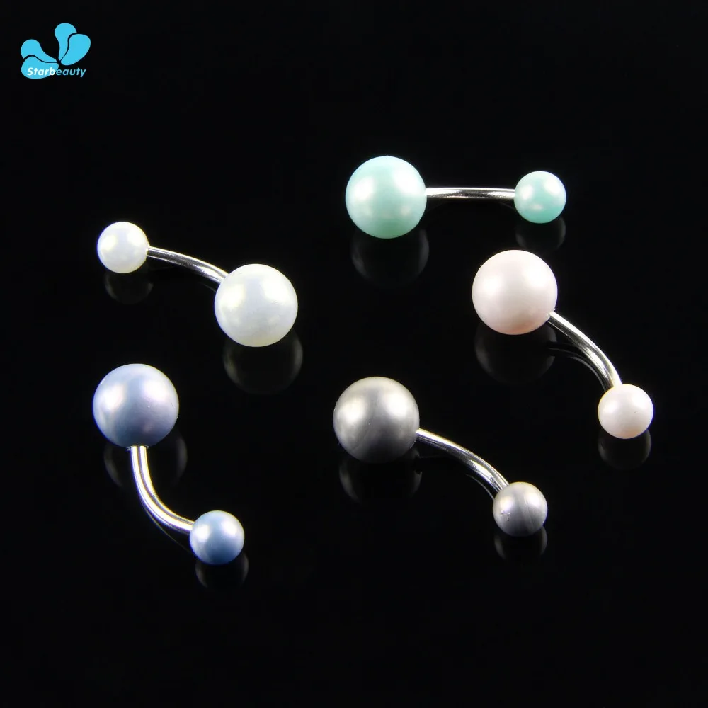 2Pcs Mix Color Imitation Pearl With Surgical Stainless Steel Body Piercing Jewelry Ball Belly Button Rings NavelPiercing Jewelry