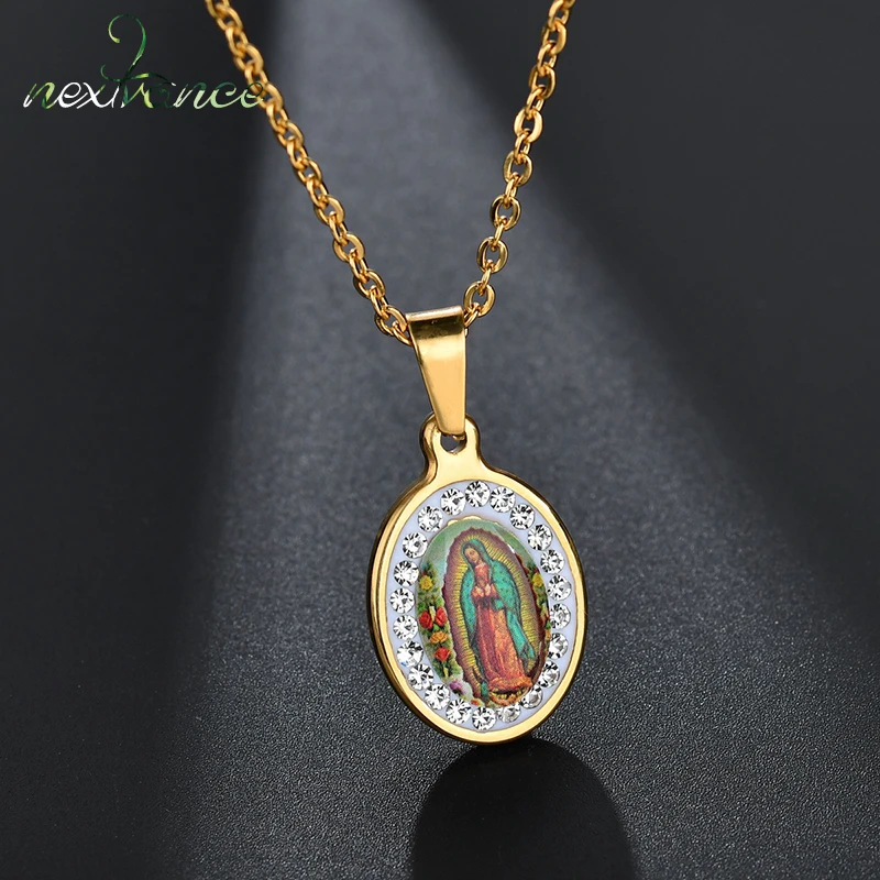 Nextvance Collares con Colgante de la Virgen María de Acero Inoxidable de Alta Calidad, Collar de Mujer con Circonita Cúbica, Regalo Católico Cristiano