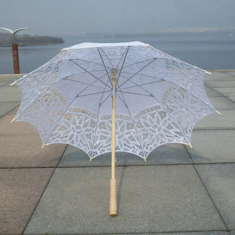 30pcs/Lot Elegant Princess Lace Parasol Wedding Umbrella Battenburg Lace Handmade Beach Long-handle Sun Parasol ZA4965