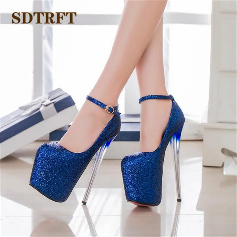 SDTRFT Crossdresser Stiletto 20cm thin high heels Female Shoes woman Round Toe Sequined Platform wedding Pumps Plus:47 48 49 50