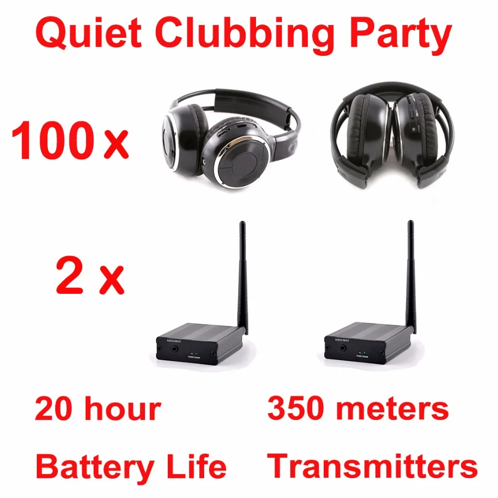 

Silent Disco System Black Folding Wireless Headphones - Quiet Clubbing Party Bundle (100 Headsets + 2 Transmitters)