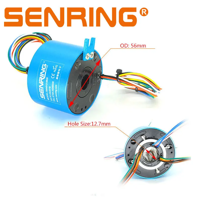 Small Through Hole Slip Ring 12.7mm Bore Size 2/3/4/6 Wires 2A/5A/10A Precious Metal Contacts for Light Duty OD56mm