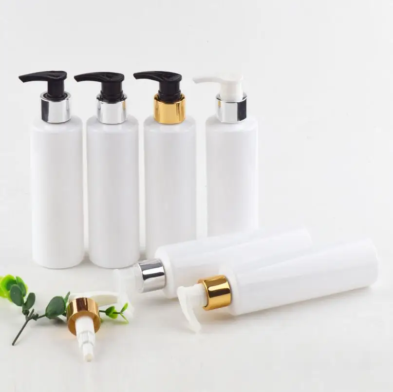 

Wholesale 200pcs/lot high quality 200ml empty PET white bottle with aluminum gold/silver screw pump