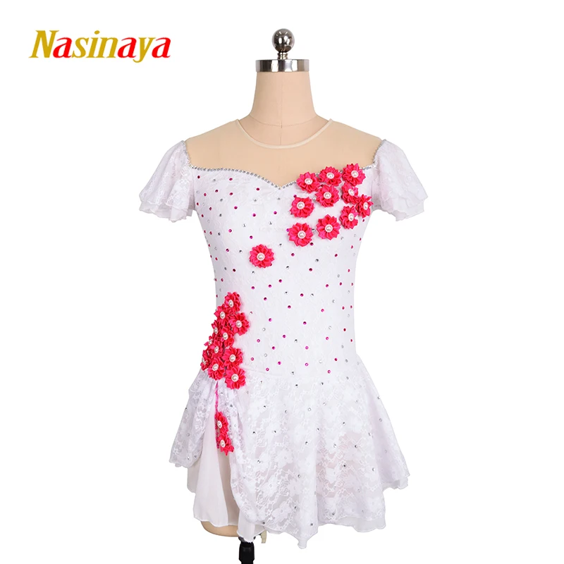 Nasinaya Figure Skating Dress Customized Competition Ice Skating Skirt for Girl Women Kids Gymnastics White Flower