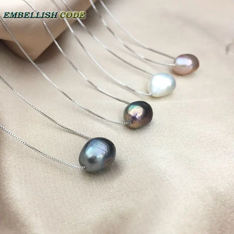 Hot Simple Small Baroque Pearl Pendant Necklace White Peach Deep Blue Metallic Color Box Chain 925 Silver 16\'\' 18\'\' For Girl