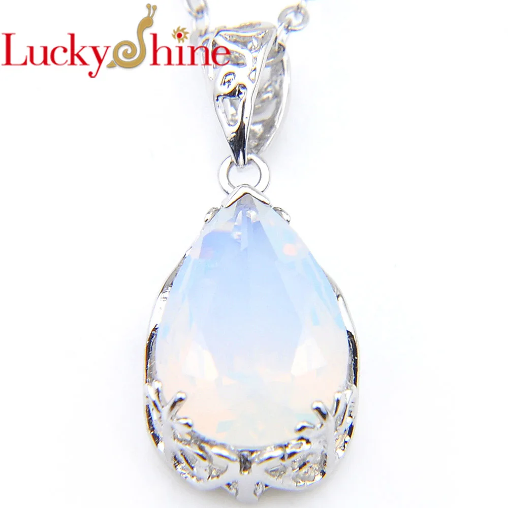 Luckyshine New Water Drop Fire Moonstone Silver Plated Wedding Pendants Russia USA Australia Pendants Necklaces