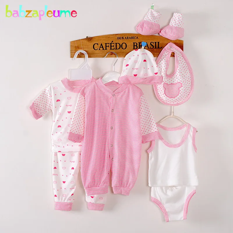 8 Stück Frühling Sommer Neugeborene Mädchen Kleidung Jungen Outfit Set lässig Punkt Streifen Langarm rosa Overall Stram pler Baby Zeug bc1002