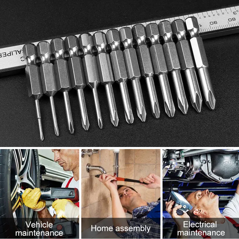 13pcs 50mm PH1 PH2 Screwdriver Head Shank 1/4 inch S2 alloy steel Long Magnetic Hex for Phillips Cross Head Screwdriver Bits Set