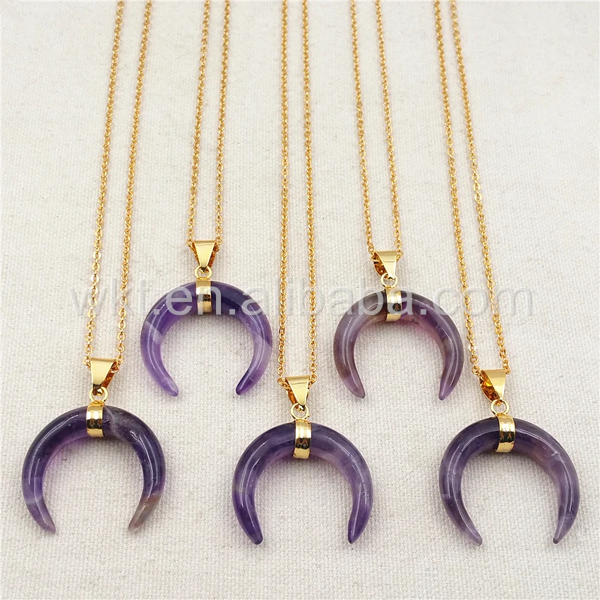 

WT-N851 Wholesale Natural Crescent Purple Crystal Stone Necklace, Women Jewelry Purple Crysty With Gold Color Loop Necklace