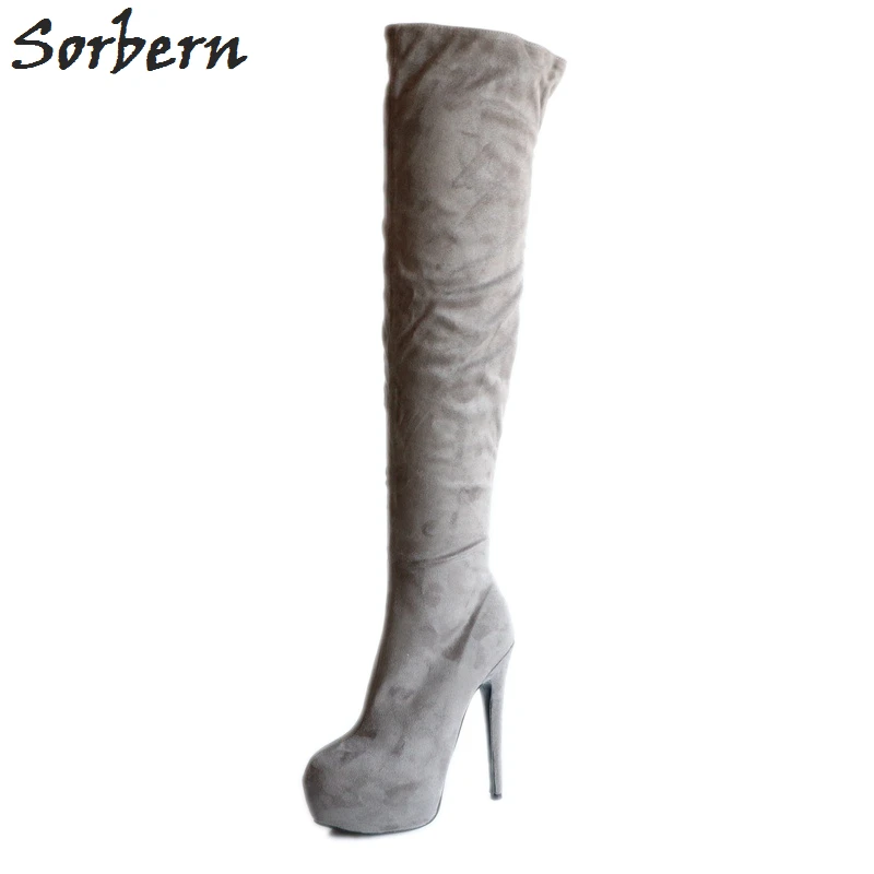 Sorbern Fashion Knee High Boots Grey Women High Heel Winter Shoes Women Eu Size 34 To 46 Custom Wide Calf Fit Heeled Boots New