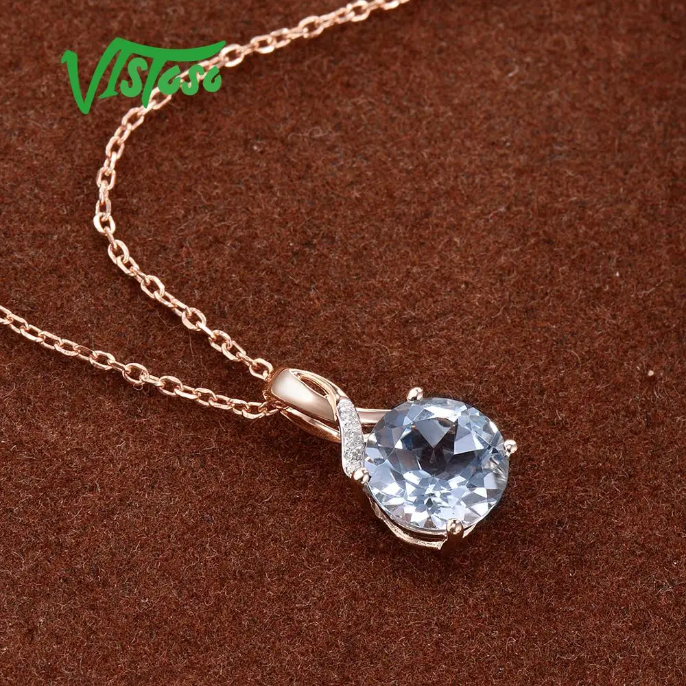 VISTOSO Gold Pendant For Women Genuine 14K 585 Rose Gold Radiant Blue Topaz Sparkling Diamond Pendant Delicate Fine Jewelry