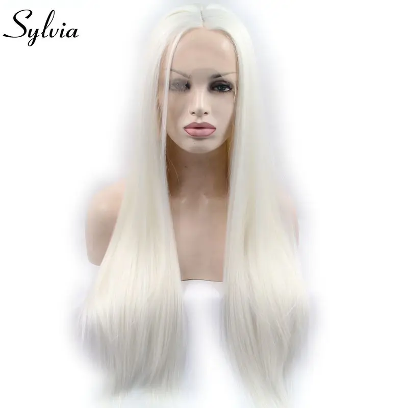 

Sylvia Heat Resistant Fiber Hair Snow White Synthetic Lace Front Wigs Long Silky Straight Wig For Women Middle Part