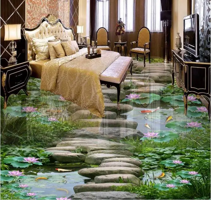 

3d flooring custom wallpaper 3d floor murals Lotus fish pond 3d photo wallpaper room mural 3d floor wallpaper living room