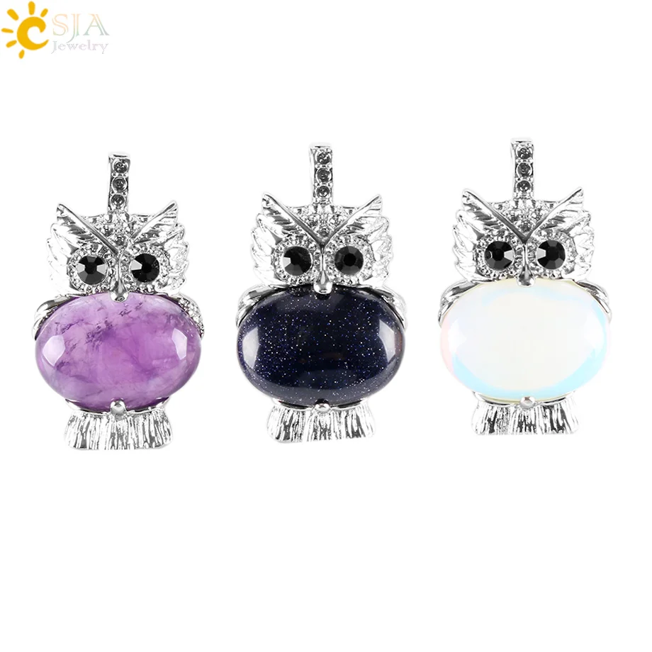 CSJA Natural Stone Cute Owl Animal Pendants for Necklaces White Crystal Pink Quartz Opal Lapis Lazuli Beads Reiki Jewellery E284