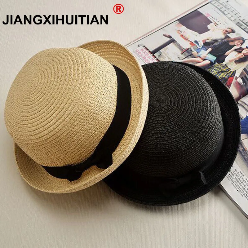 2017 new Lady Boater sun caps Ribbon Round Flat Top Straw Fedora Panama Hat summerhats for women straw hat snapback gorras