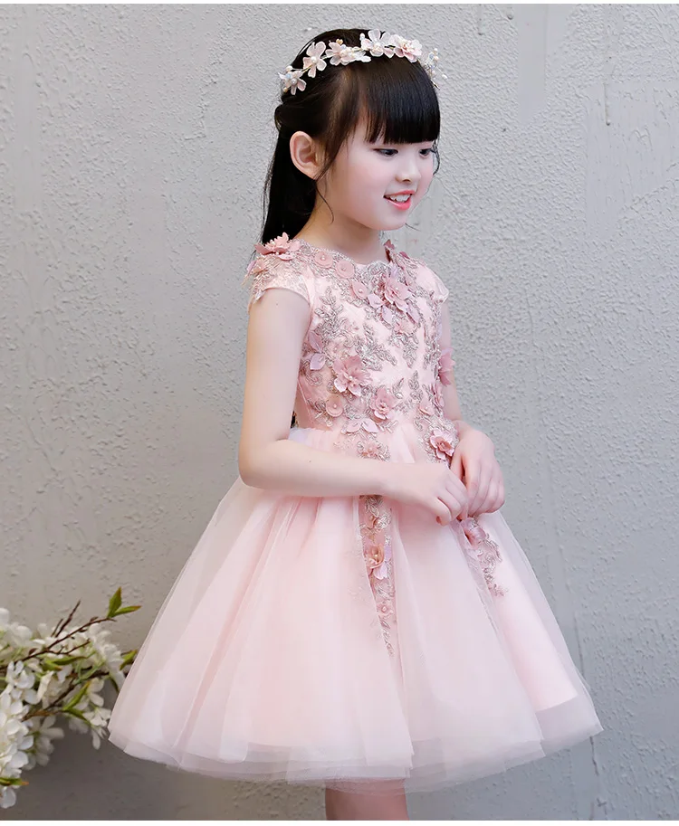 Elegant Pink Tulle Flower Girl Dress For Weddings Baby Baptism Party Pageant Princess Gown Bead Floral Kid First Communion Dress