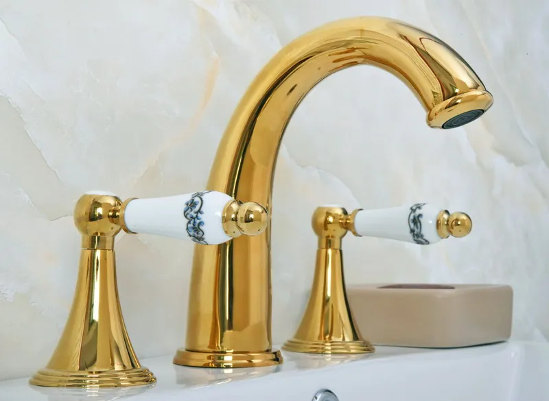 

Смеситель для ванны agf023 с 3 отверстиями, кран из полированной латуни золотистого цвета с 2 широкими ручками для раковины в ванной комнате