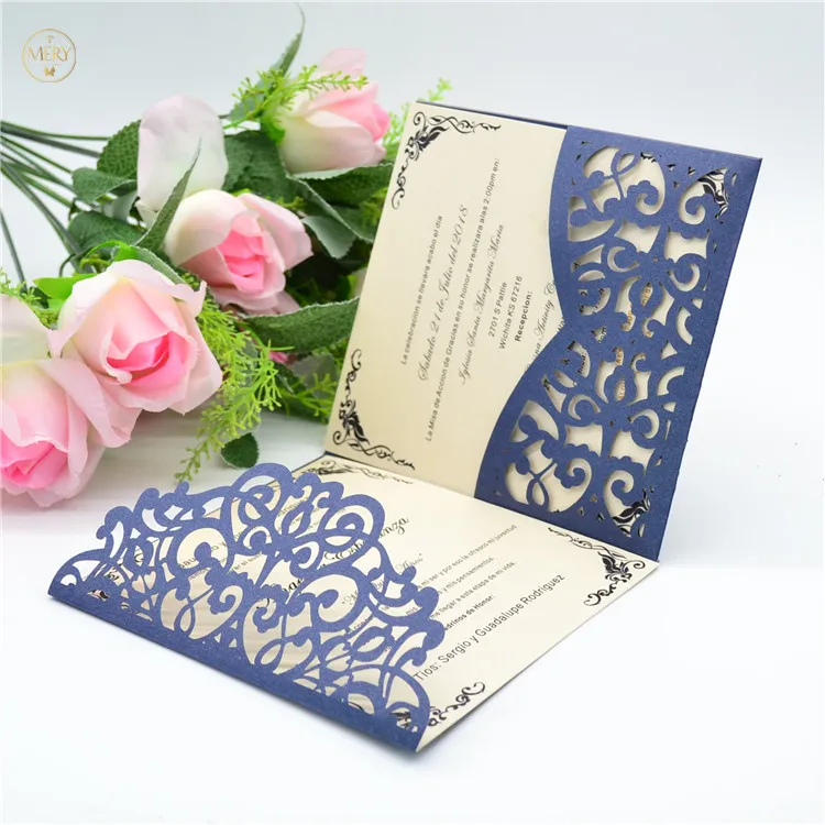 TF04 laser cut bright silver pearl paper pocket fold wedding invitation